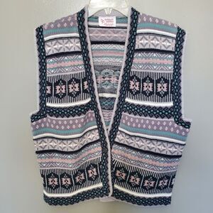 Vintage Beldoch Petites Knit Sweater Vest Multicolor Print Button Stretch USA
